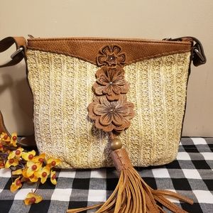 Kensie Boho Style Purse with Flowers and Fringe Crossbody